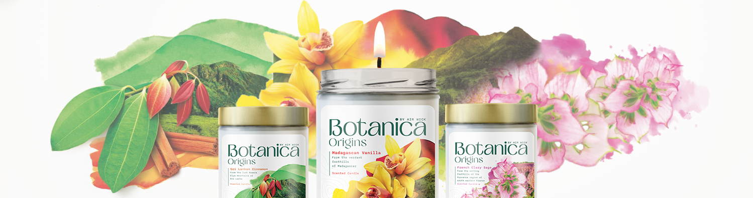 Home page banner consisting of a floral meadow backdrop, the Botanica logo and a range of Botanica products in the middle. 